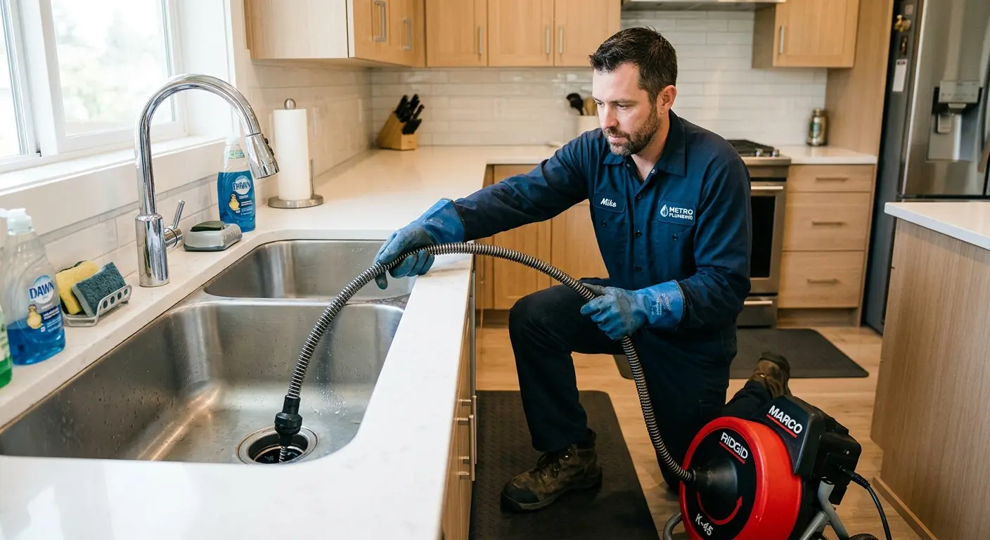 Drain cleaning technician using a motorized snake on a kitchen sink in Fair Oaks