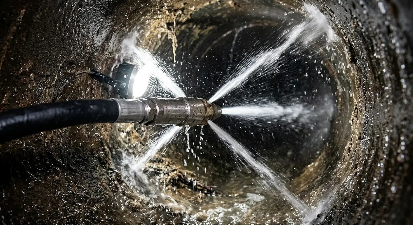 High-pressure hydro jetting nozzle cleaning sewer pipe for Emergency Drain Service in Fair Oaks